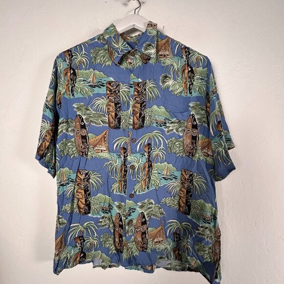 Vintage Reyn Spooner Men Tiki Trader Vic's Blue Spun Rayon Hawaiian Shirt Medium - Picture 1 of 7